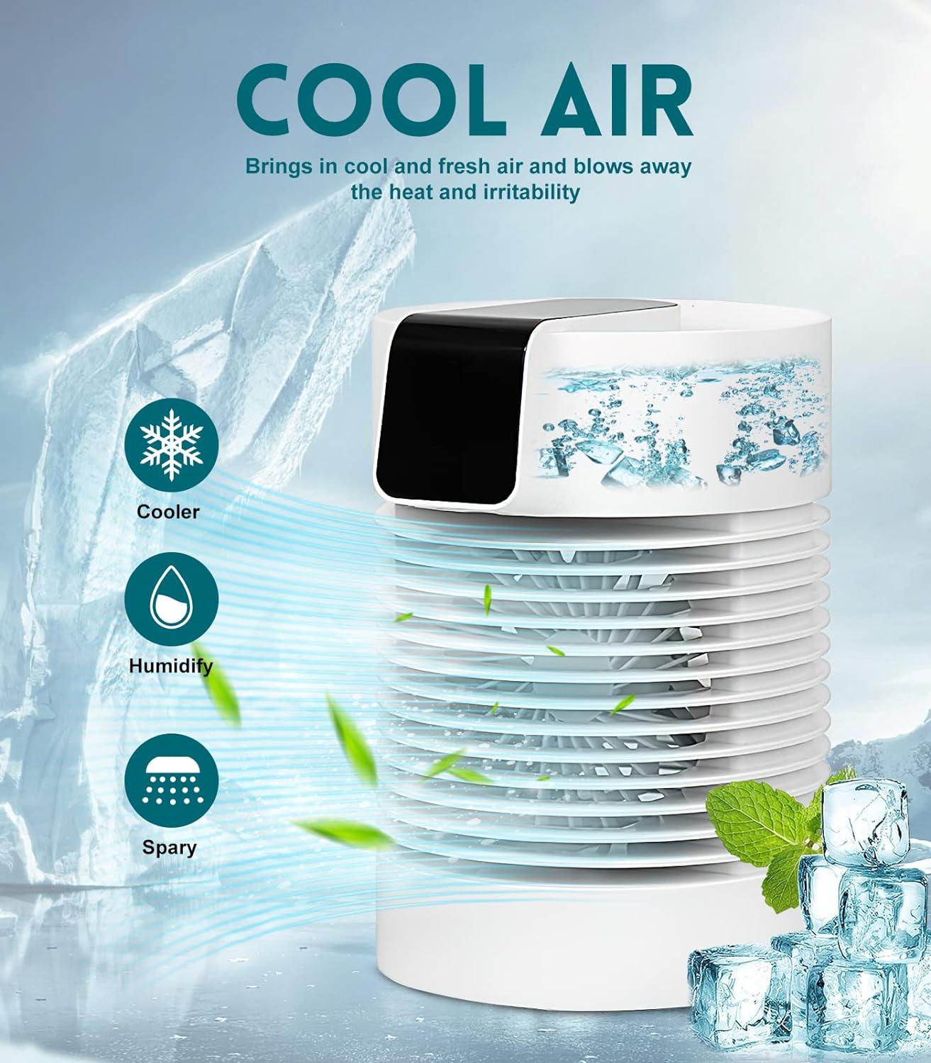 Portable Air Conditioners Fan, Portable AC &Humidifier Evaporative Mini Small Air Conditioner with 3-Speed 360° Rotation Personal Air Conditioner Air Cooler For Bedroom, Office, Living Room