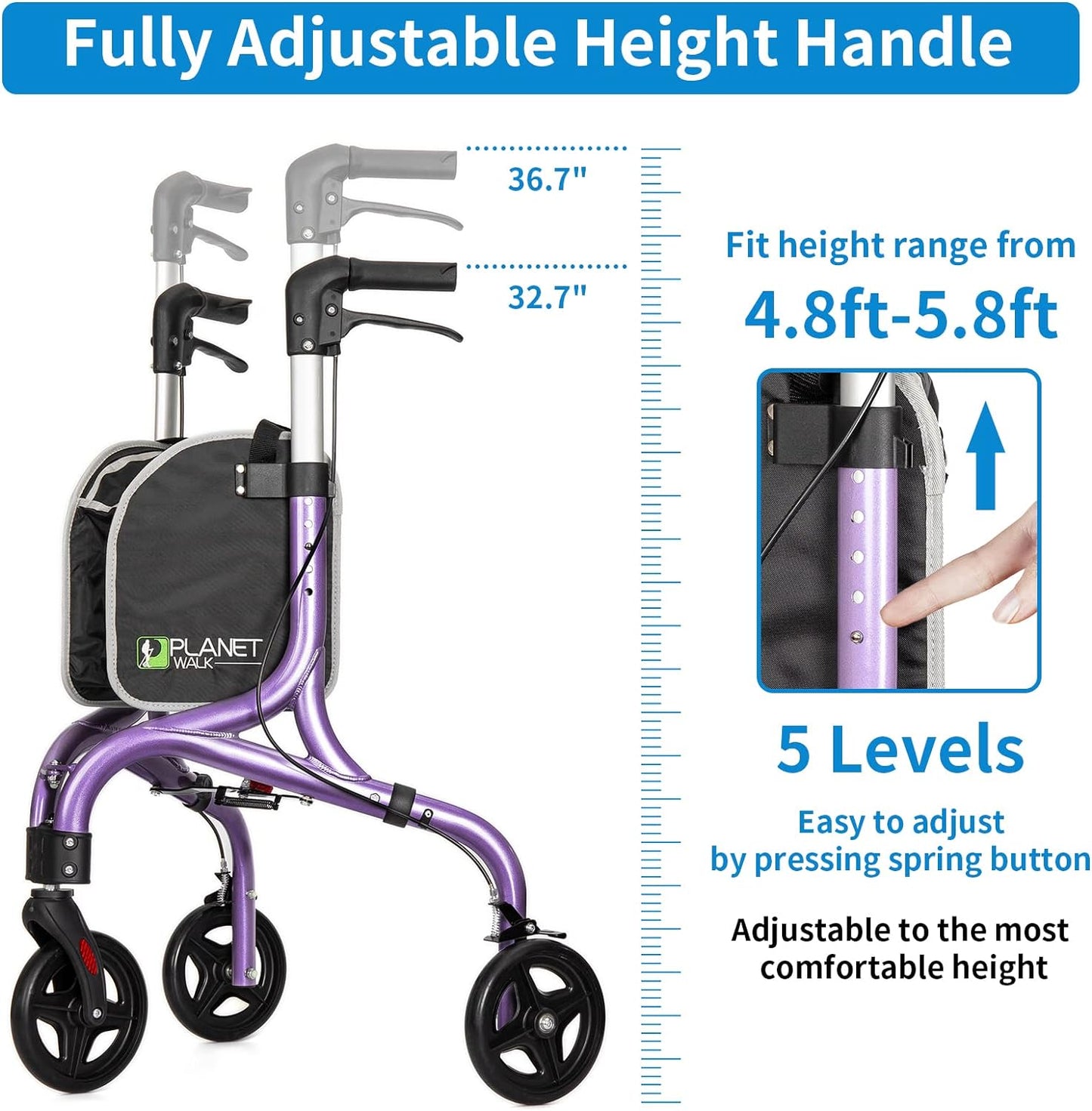 Planetwalk Premium 3 Wheel Rollator Walker for Seniors - Ultra Lightweight Foldable Walker for Elderly, Aluminum Three Wheel Mobility Aid, Black