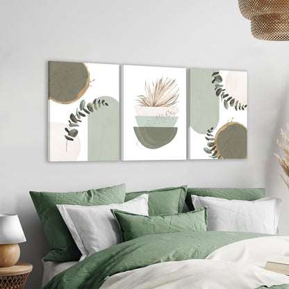 KBKBART Sage Green Boho Wall Art Set of 3, Minimalist Framed Geometric Line Leaf Sun Moon Beige Canvas Artwork Paintings, Abstract Botanical Room Decor, Posters & Prints