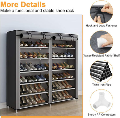 Cestbella Fabric Shoes Rack Cabinet Closet Shoe Storage Organizer with Cover Dustproof Grey 7 Layers 12 Lattices Double Row Shoe Rack for Bedroom Living Room Hallway Holds 36 Pairs Shoe 118x30x108cm