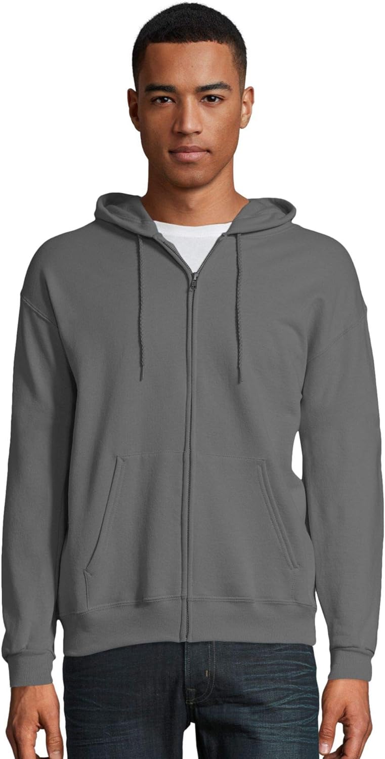 Hanes Men's Hoodie, EcoSmart Fleece Zip-Front Hooded Sweatshirt, Cotton-Blend Fleece Hooded Sweatshirt, Mid-Weight Zip-Up, Charcoal Heather, S