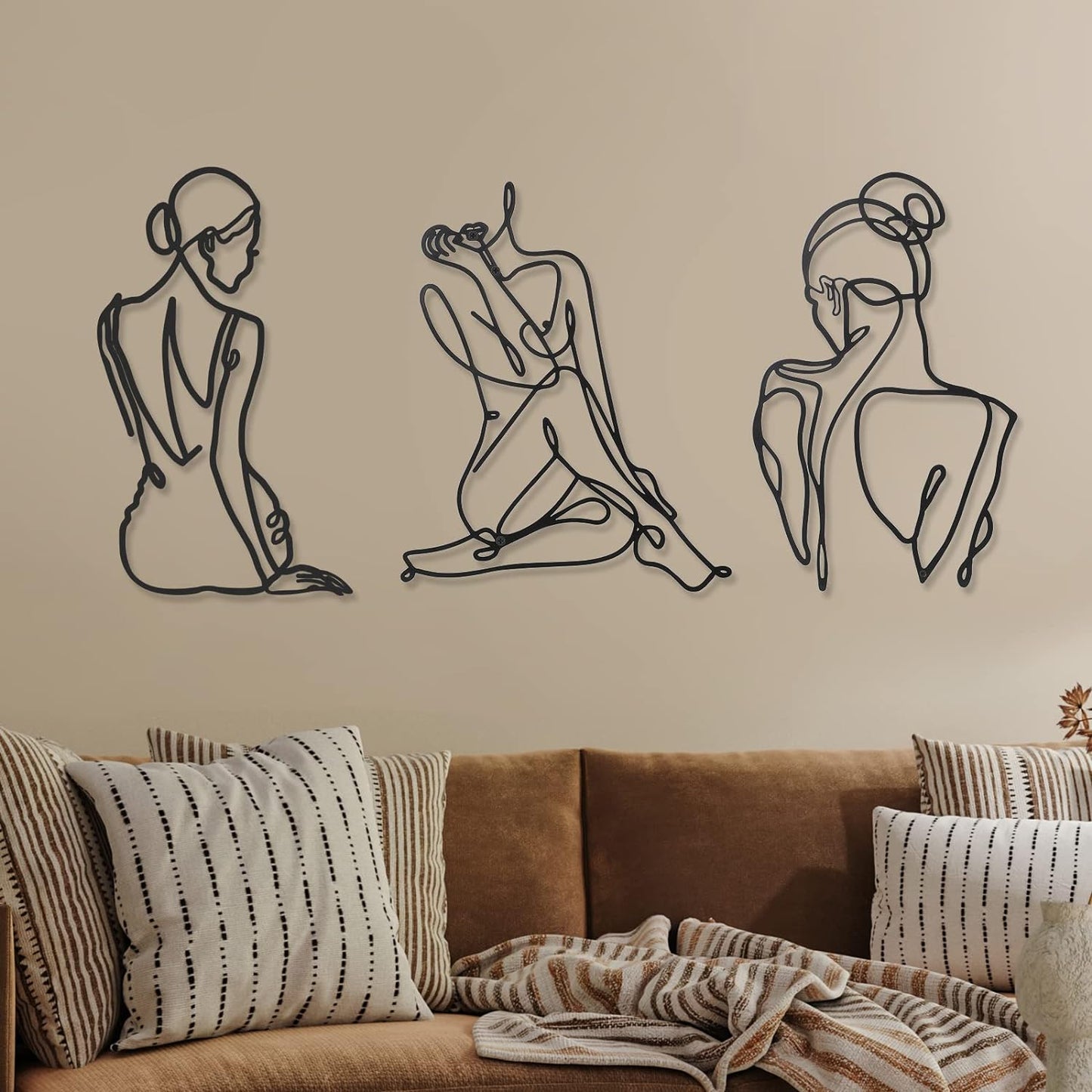 3 Pcs Metal Wall Art Decor Minimalist Abstract Woman Wall Art metal Modern Line Drawing Wall Art Decor Female Single Line Wall Home Hanging for Bedroom Kitchen Bathroom Living Room(Black, Modern)