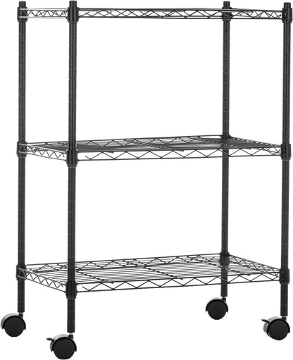 Amazon Basics 3-Shelf Adjustable, Heavy Duty Storage Shelving Unit on 10 cm Wheel Casters, Metal Organizer Wire Rack, Black, 34.03 L x 58.92 W x 76.2 H centimeters