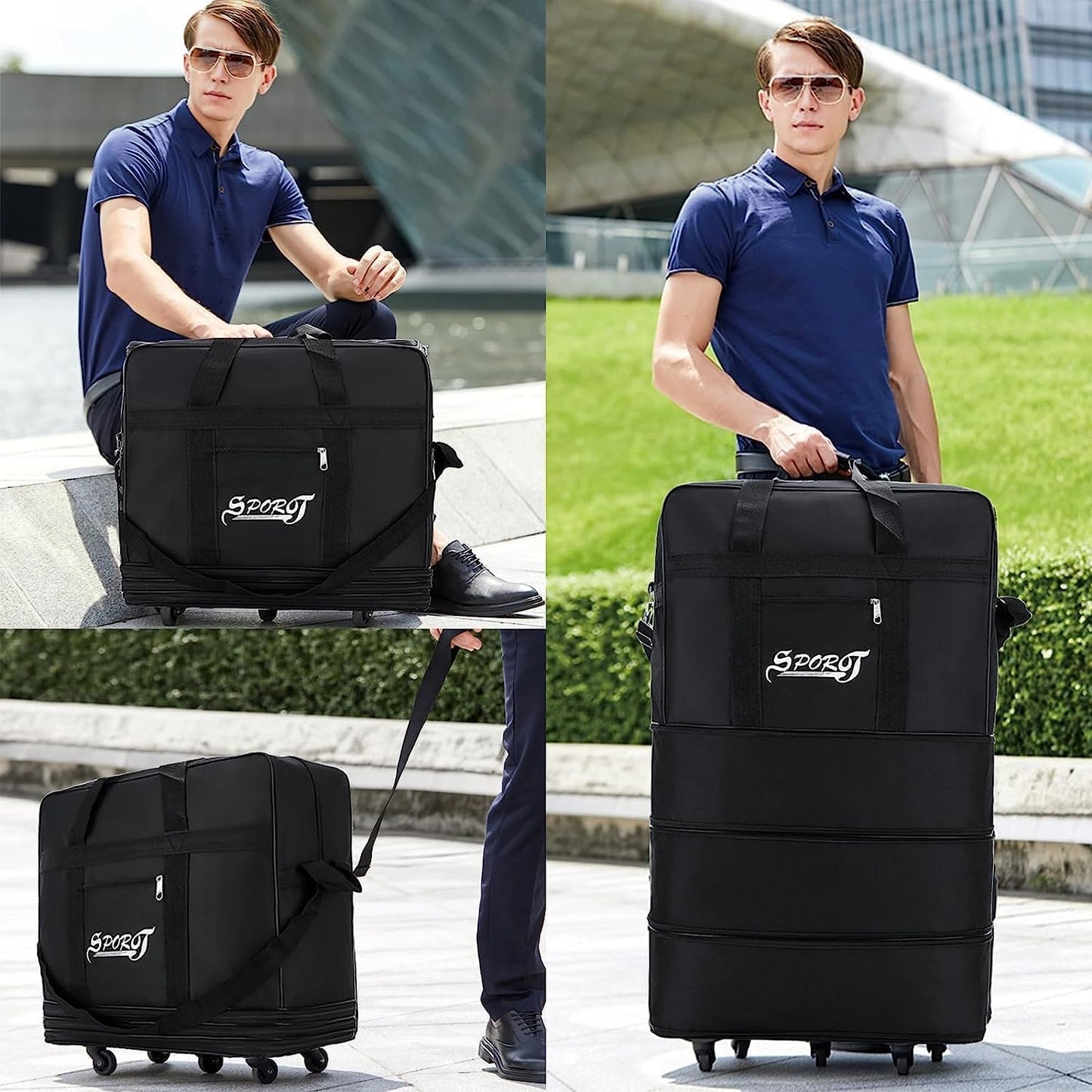 M X M Travel Moving Trolley Luggage Foldable Bag with Wheels XX-Large 30kg/120L â€“ Waterproof Zipper Extendable Duffel Organizer Bag (Black-A)