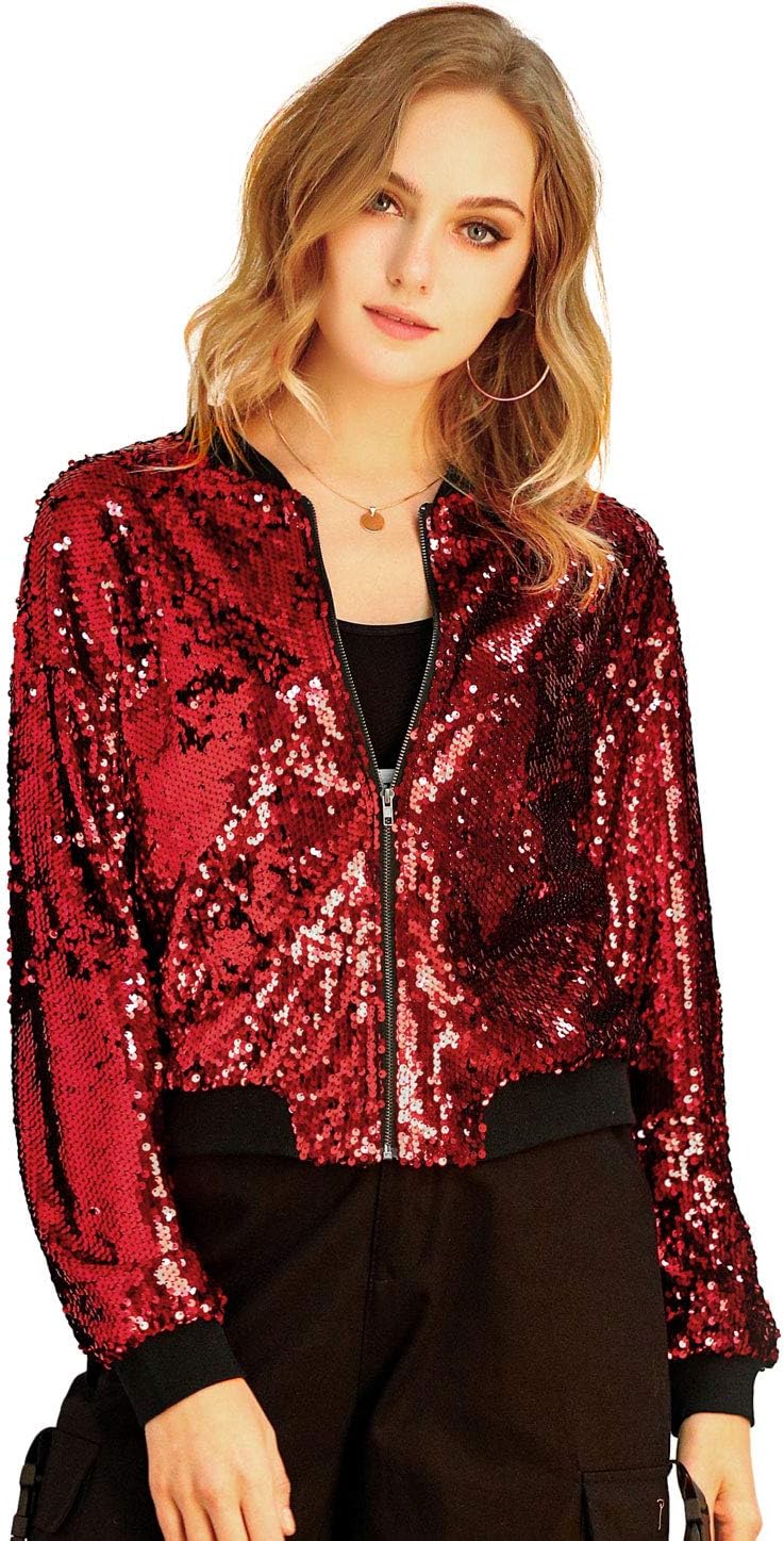 Allegra K Women's Halloween Sequin Sparkle Long Sleeve Zipper Bomber Jacket