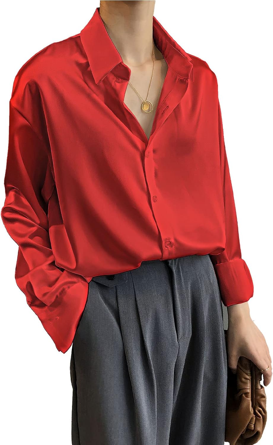 Pantete Womens Satin Silk Button Down Shirt Long Sleeve Casual Office Blouse Top Breathable & Silky