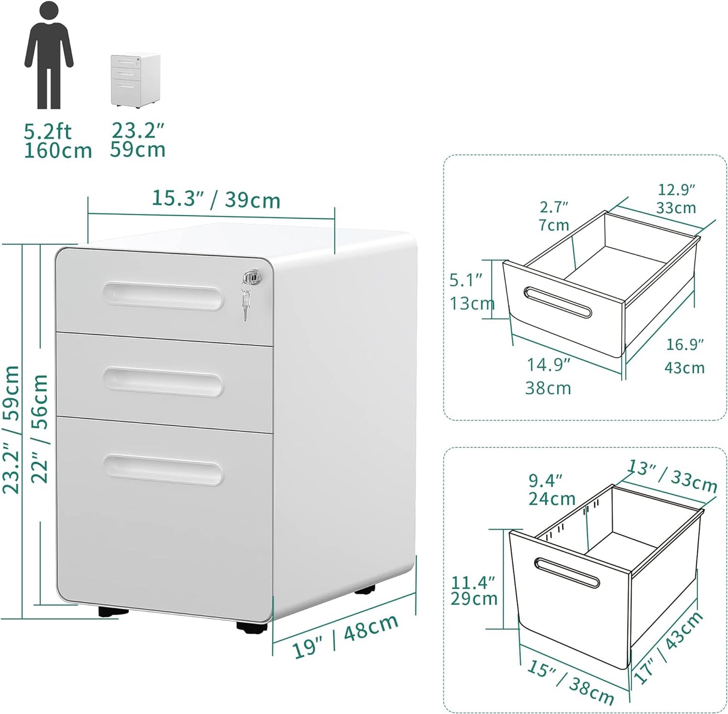 YITAHOME 3-Drawer Rolling File Cabinet, Metal Mobile File Cabinet with Lock, Filing Cabinet Under Desk fits Legal/Letter/A4 Size for Home/Office, Fully Assembled-White