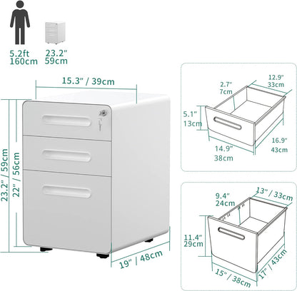 YITAHOME 3-Drawer Rolling File Cabinet, Metal Mobile File Cabinet with Lock, Filing Cabinet Under Desk fits Legal/Letter/A4 Size for Home/Office, Fully Assembled-White