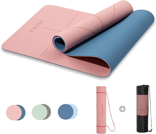 HERUI Yoga Mat Alignment Lines Anti-Slip Exercise Mat with Carrying Bag Fitness Mat for Pilates 183CM*61CM*6MM Thickness for Woman Man Beginners