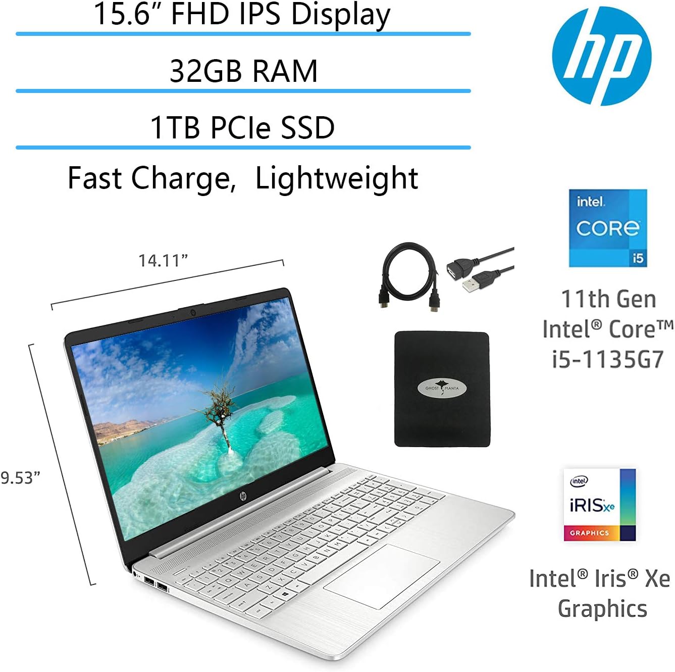 HP 15.6 FHD IPS Flagship Laptop Computer, 11th Gen Intel 4-Core i5-1135G7(Up to 4.2GHz, Beat i7-1060G7), 32GB RAM, 1TB PCIe SSD, Iris Xe Graphics, Bluetooth, HDMI, WiFi, Win11,w/GM Accessories