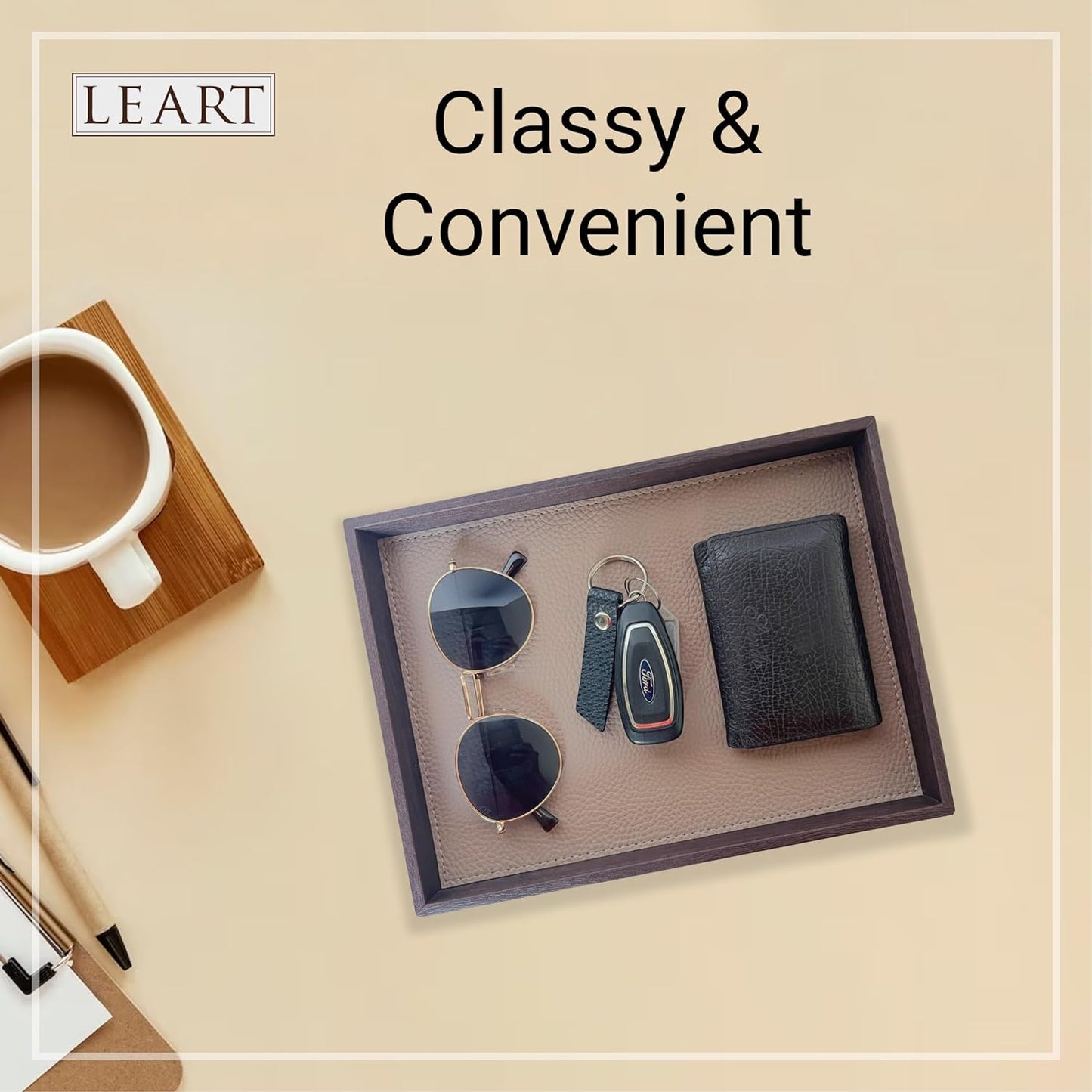 LEART Valet Tray for Men & Women – Leather Tray Organizer | Bedside, Nightstand, Office Desk Organizer Tray | Catchall Tray (Black)