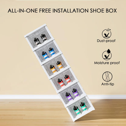 BEROZA 6 pcs Shoe box, installation-free foldable shoe storage box, plastic shoe cabinet container with transparent door for displaying sneakers, easy to assemble