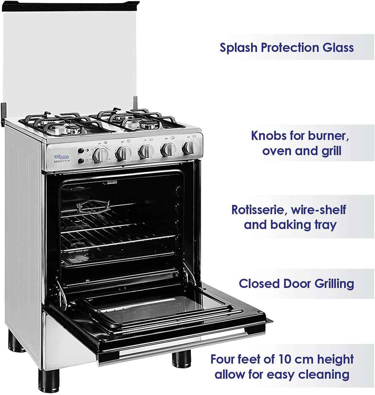 Super General Freestanding Gas-Cooker 4-Burner Full-Safety, Stainless-Steel Cooker, Gas Oven with Rotisserie, Thermostat, Auto-Ignition, Silver, 60 x 60 x 85 cm, SGC-601-FS, 1 Year Warranty