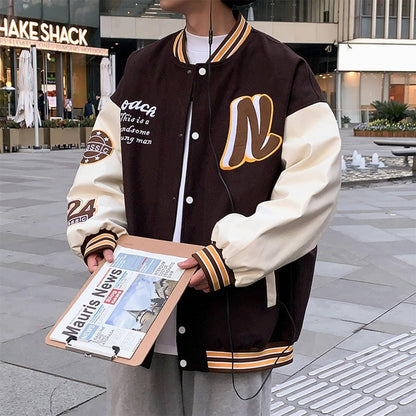 Men Woman Varsity Jacket PU Leather Sleeve American Retro Spring Baseball Uniform Jacket