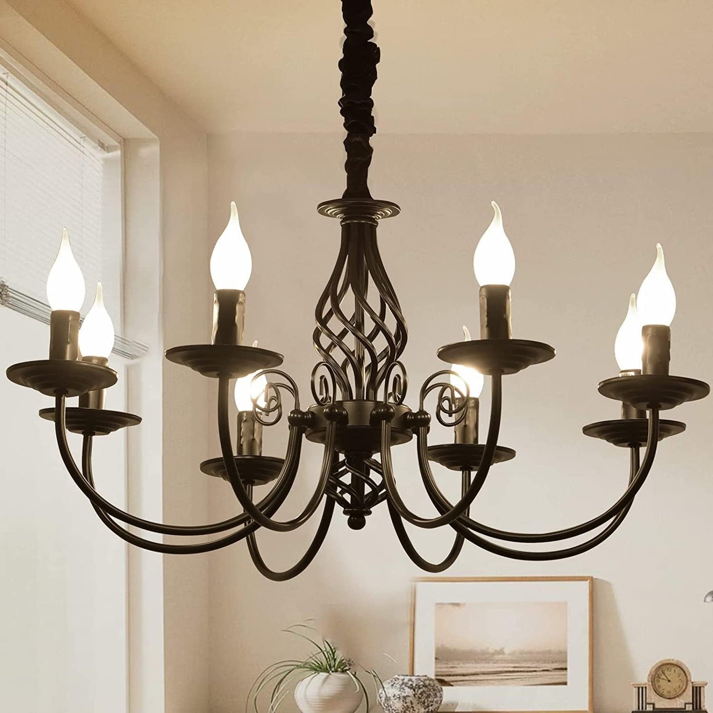 Ganeed French Country Chandeliers,8 Lights Industrial Farmhouse Pendant Light Fixture,Black Candle Ceiling Chandelier Height Adjustable for Living Room Bedroom Entryway Kitchen Island