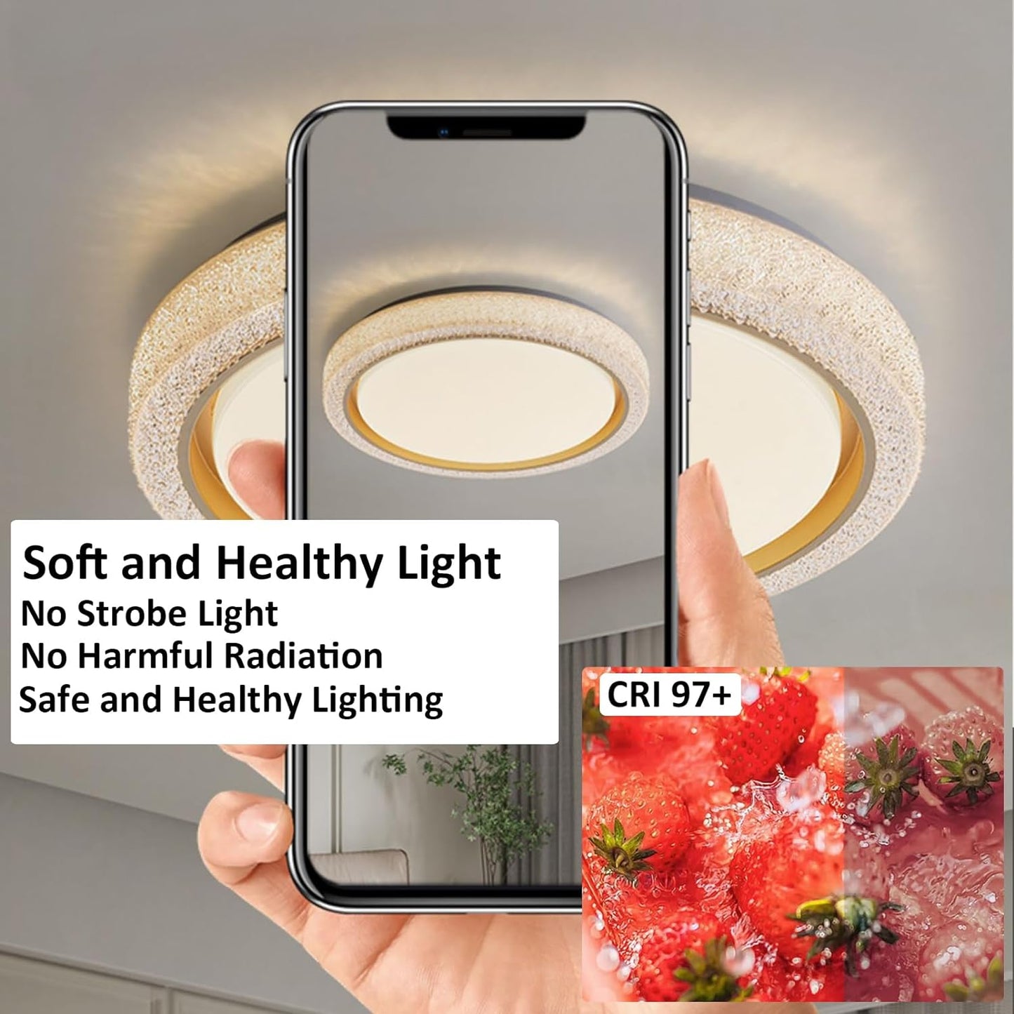 LED Ceiling Light with Remote,48W 19.7'' Warm Neutral White Colors Dimmable Crystal Gold Flush Mount Lighting Fixture for Living Room Bedroom Dining Room