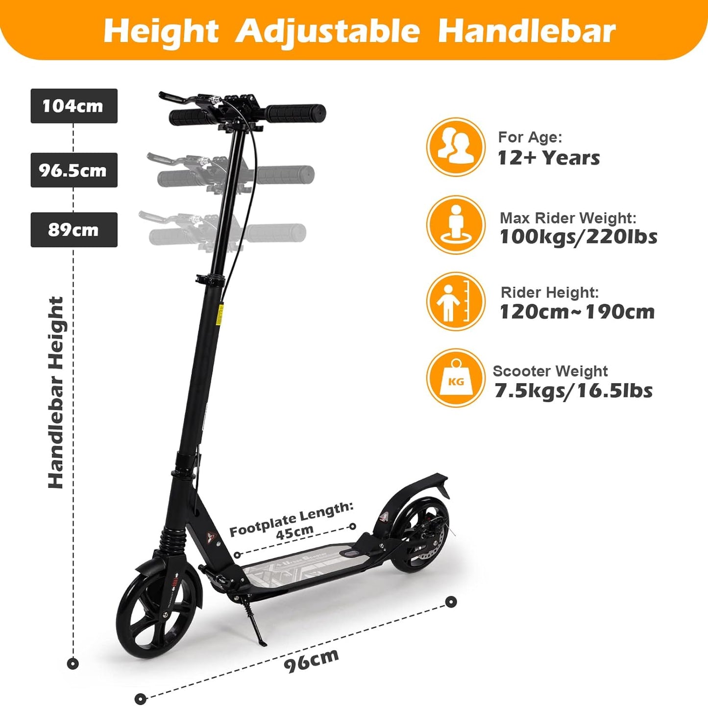 Adult Kick Scooter with Disc Handbrake, Foldable Adjustable Urban Scooter with Dual Suspension, 200mm Big Wheels for Kids Adults and Teens