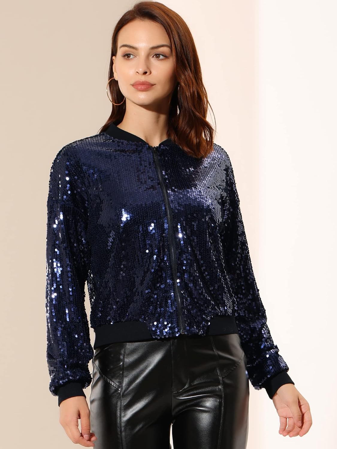 Allegra K Women's Halloween Sequin Sparkle Long Sleeve Zipper Bomber Jacket