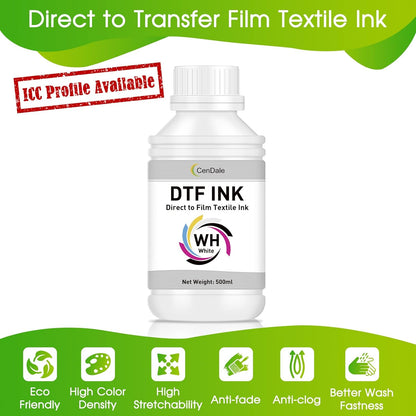 CenDale Premium DTF Ink 600ML- DTF Transfer Ink for PET Film, Refill for DTF Printers Epson ET-8550, XP-15000, L1800, L805, R1390, R2400, Heat Transfer Printing Direct to Film (100ml x 6, CMYK Wh)