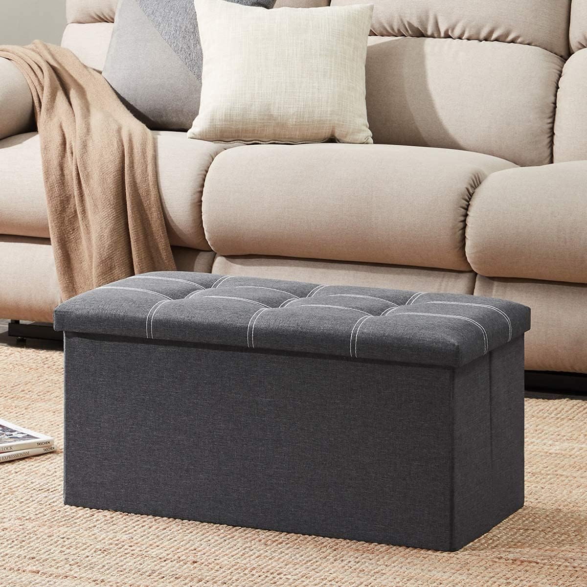 VF UAE Official Store Foldable Storage Ottoman Bench, Footrest Shoe Bench with 80L Storage Space nd of Bed Storage Seat (Gray)