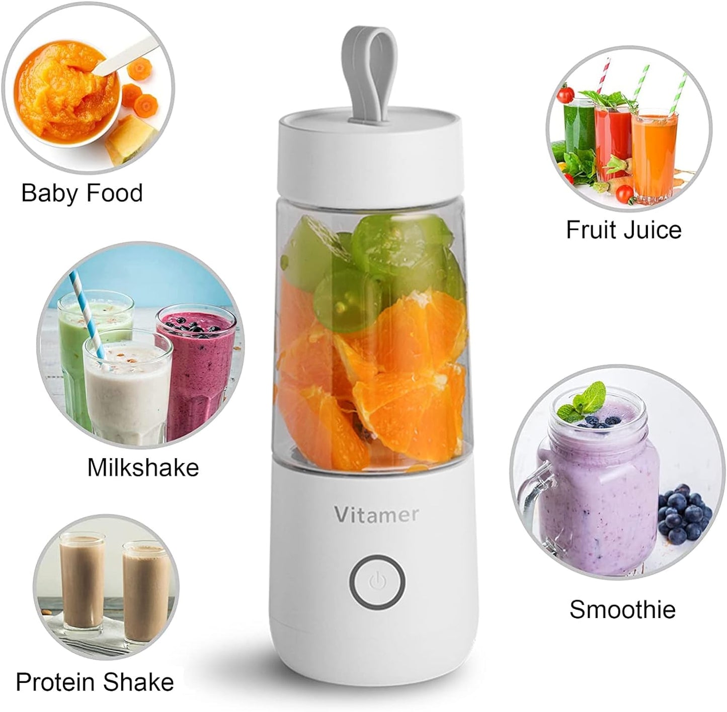 EQURA Portable Blender, USB Rechargeable Juicer Cup, 300mL Waterproof Fruit Mixing Machine Baby Travel Home Office Sports Outdoors