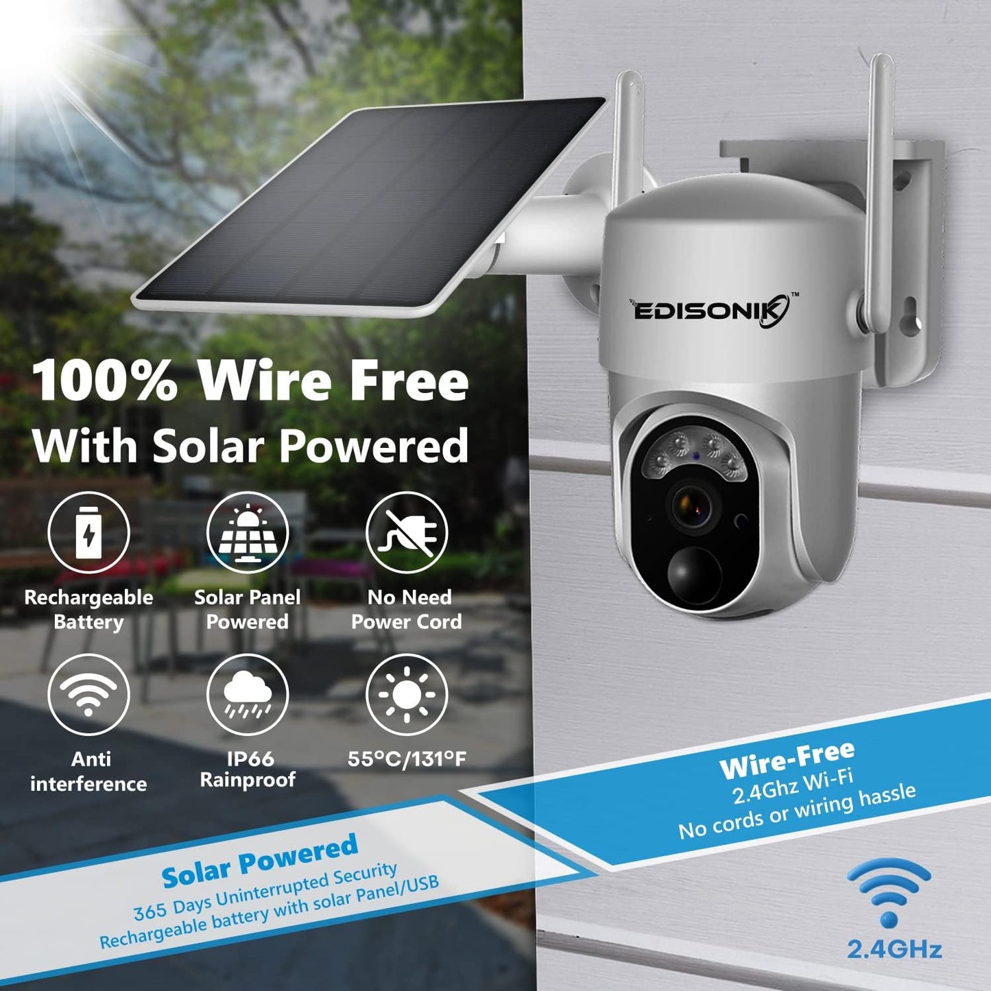 EDISONIK Outdoor Solar-Powered Security Camera 3MP with 2.4GHz WiFi - 350° PTZ, Spotlight & Alarm, HD Full-Color Night Vision - AI Motion Sensing, 2-Way Talk Communication, IP66 Rainproof Solar CCTV