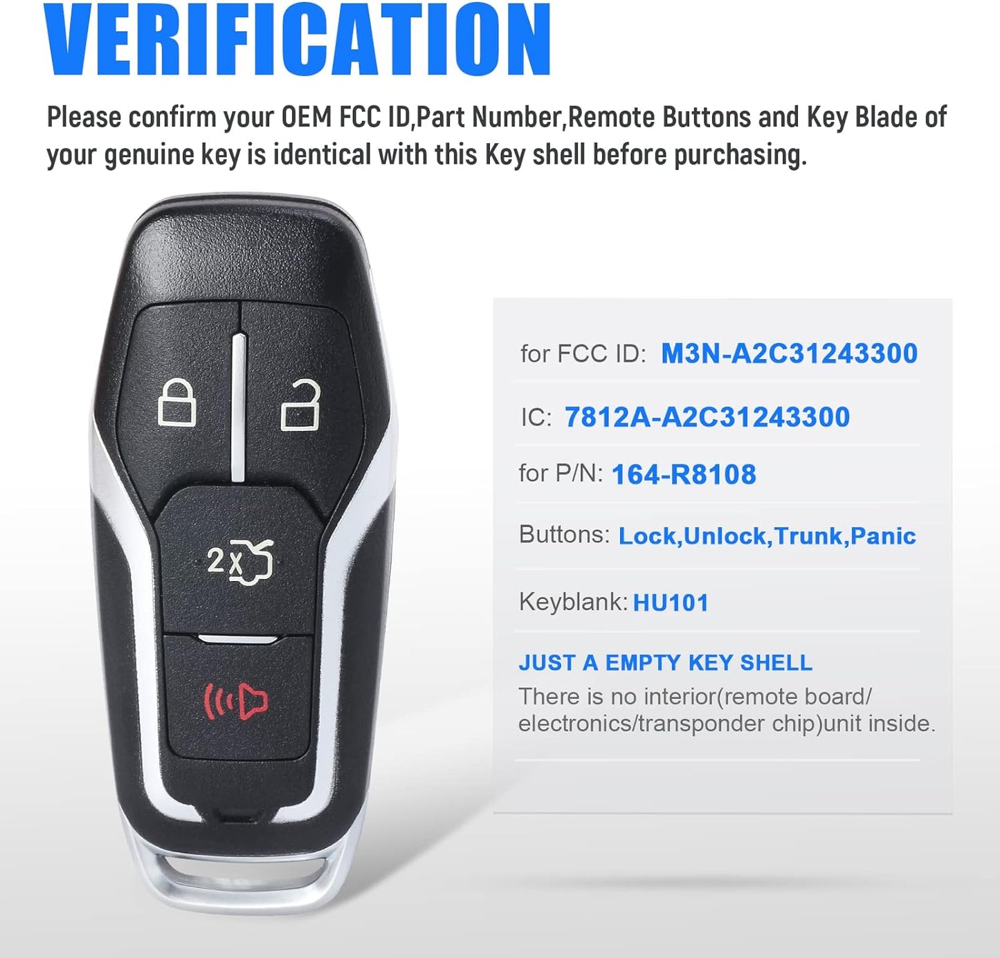 Keymall Remote Key Fob Case Shell Cover for Ford Edge/Explorer/Fusion/Mustang for Lincoln MKC/MKX(FCC ID:M3N-A2C31243300 P/N:164-R8108) 4 Buttons,Just A Key Shell