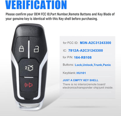 Keymall Remote Key Fob Case Shell Cover for Ford Edge/Explorer/Fusion/Mustang for Lincoln MKC/MKX(FCC ID:M3N-A2C31243300 P/N:164-R8108) 4 Buttons,Just A Key Shell