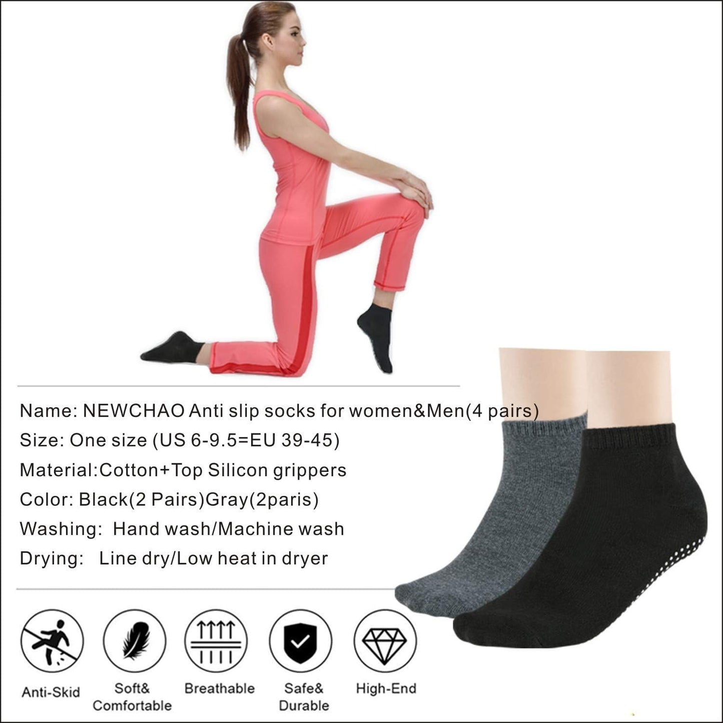 NEWCHAO 4 Pairs Non Slip Skid Socks Anti Slip Sock for women and men, Grip Socks for Yoga Home Barre Pilates Hospital Workout