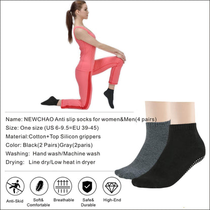 NEWCHAO 4 Pairs Non Slip Skid Socks Anti Slip Sock for women and men, Grip Socks for Yoga Home Barre Pilates Hospital Workout