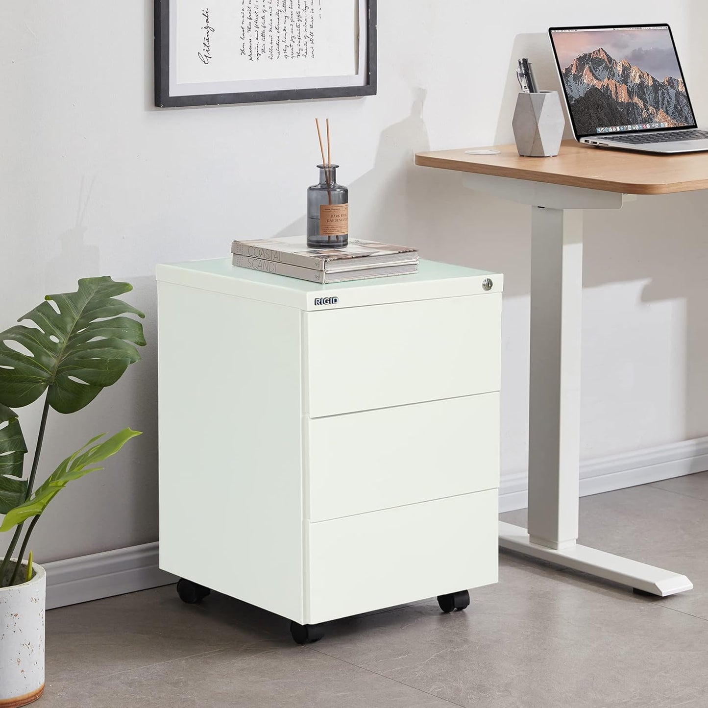 RIGID Steel Mobile Pedestal 3 Drawer Storage Unit Modern & Sleek Office Furniture (White)