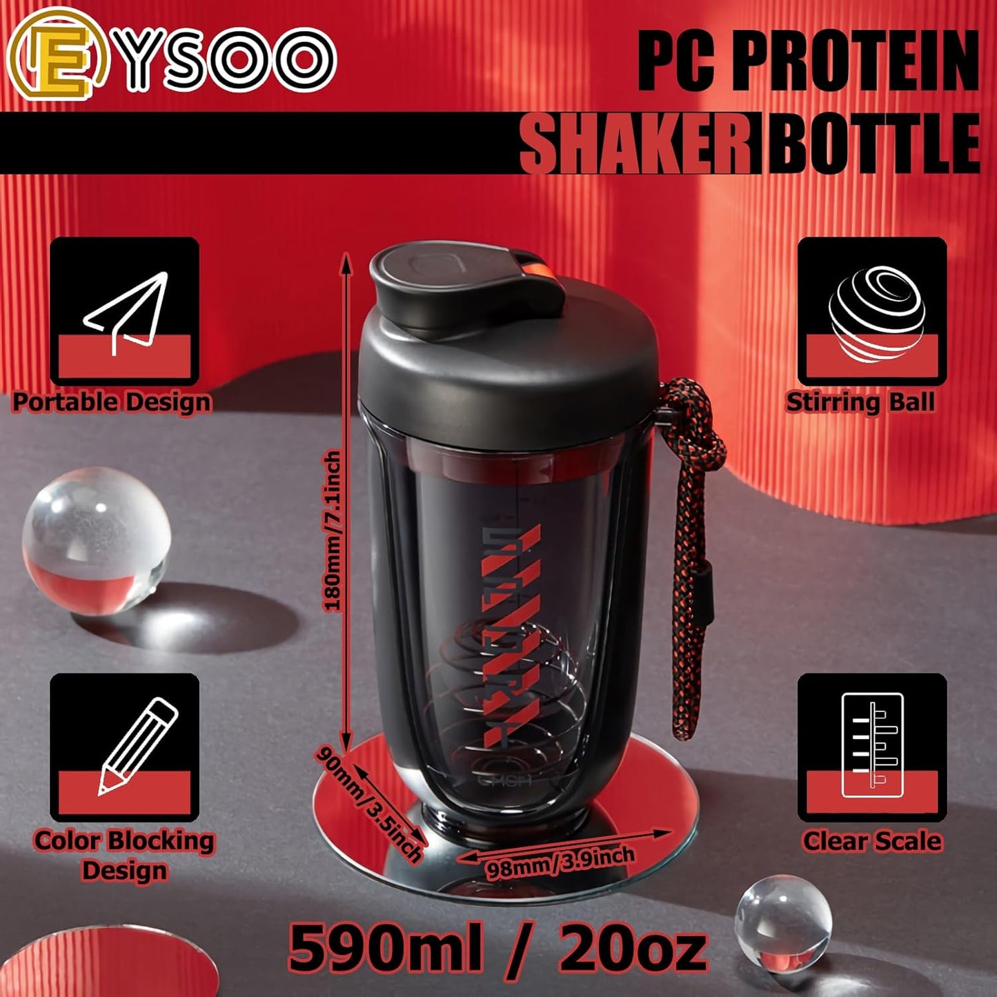 EYSOO Protein Shaker Bottle Protein Drink Shaker Cup 20 oz Shaker Bottle for Protein Mixes Leak-proof BPA-free Protein Mixer Cup with Blender Ball for Gym Fitness Workout (White)