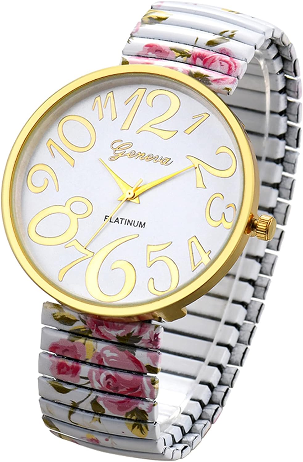 JewelryWe Women's Big Dial Easy Reader Watch Floral Elastic Stretch Band Wristwatch