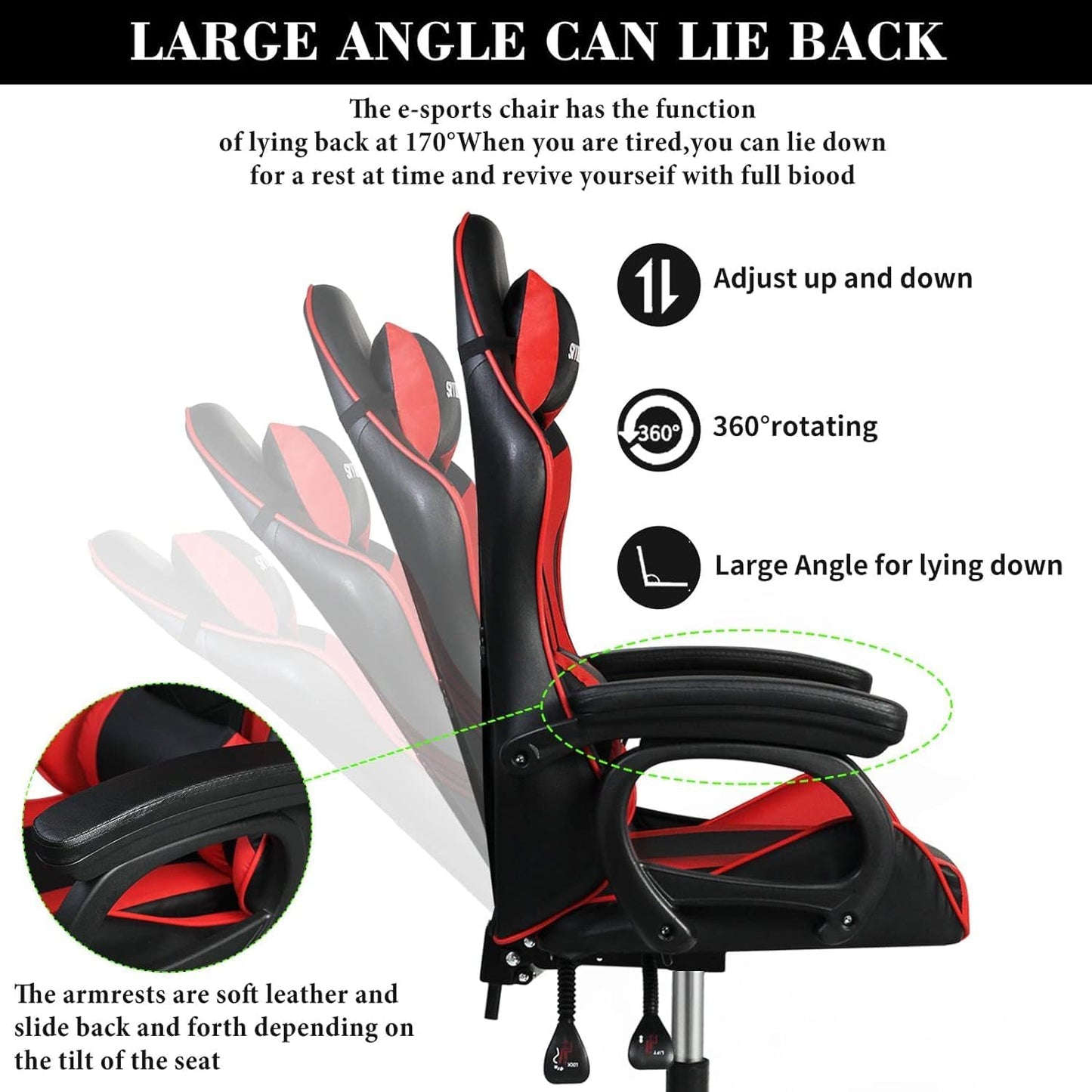 SKY-TOUCH Gaming Chair，Adjustable Computer Chair Pc Office Pu Leather High Back, Ergonomic design Lumbar Support,Comfortable Armrest Headrest，Red