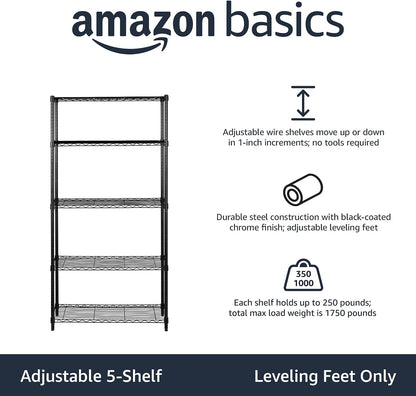 Amazon Basics 5-Shelf Adjustable, Heavy Duty Storage Shelving Unit (158.5 kgs loading capacity per shelf), Steel Organizer Wire Rack, Black (91.4 x 35.5 x 182.8 cm)