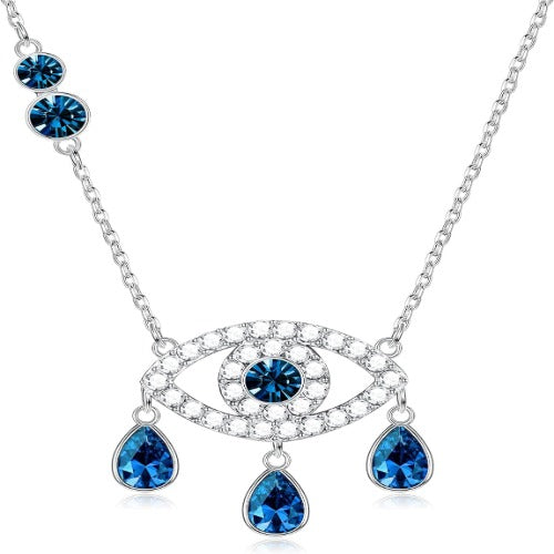 MUSECLOUD Evil Eye Necklace 925 Sterling Silver Blue Crystal Necklace
