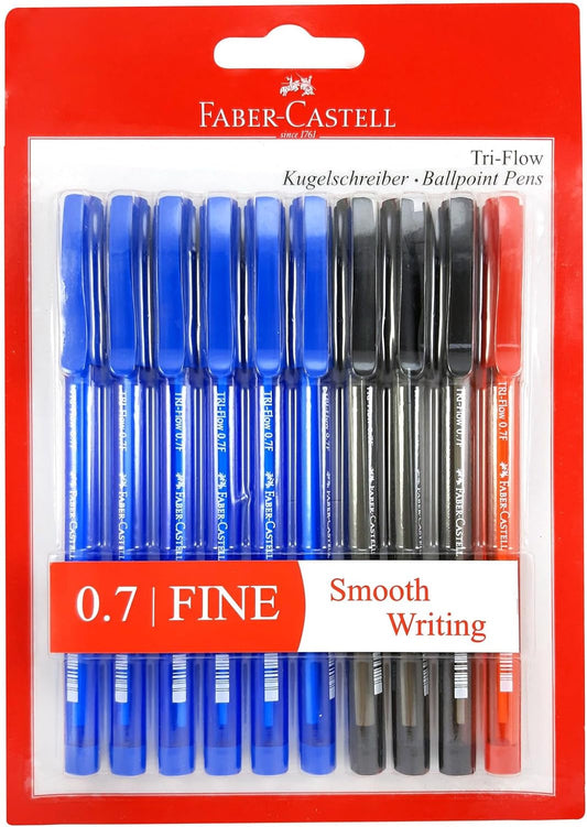 Faber-Castelltri flow ball pen 0.7mm blister of 10pc assorted 6 blue + 3 black + 1 red