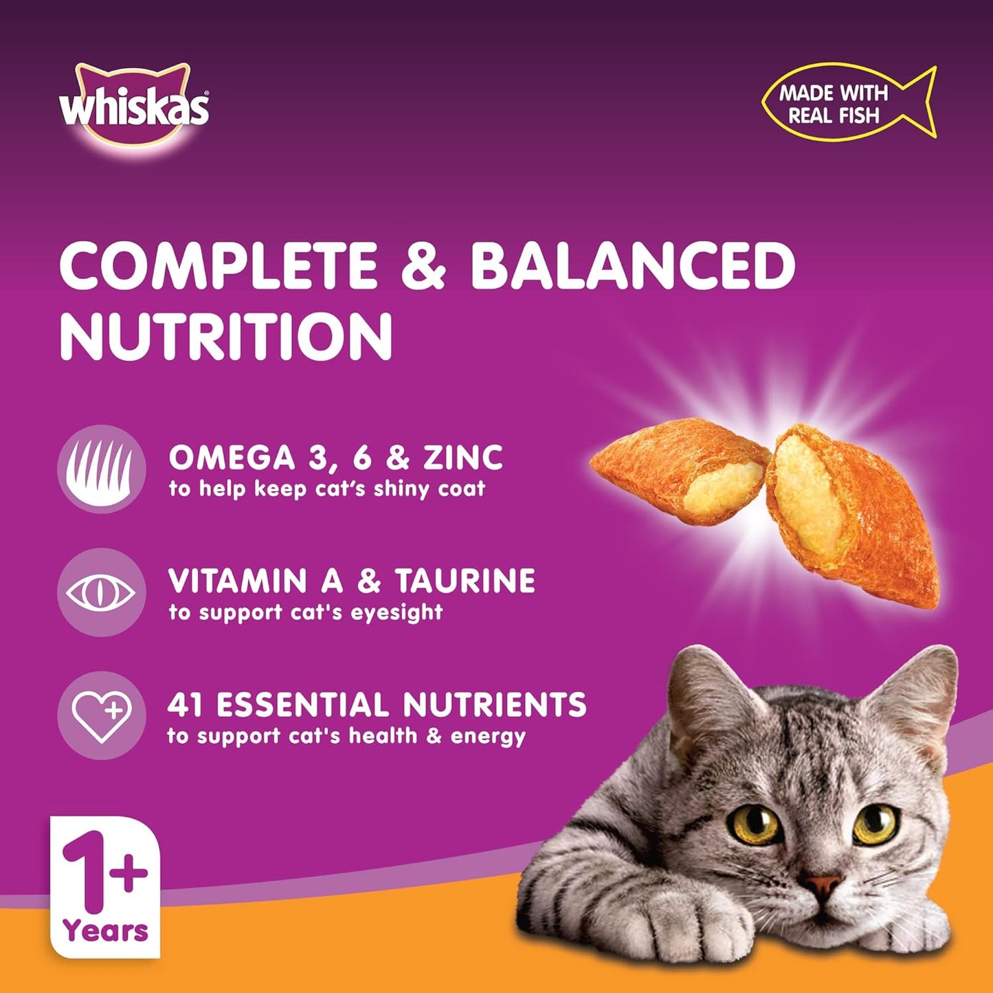 Whiskas Ocean Fish Dry Food, for Adult Cats 1+ Years, Formulated to Help Cats Maintain a Healthy Digestive Tract and Sustain a Healthy Weight, Complete Nutrition & Great Taste, Case of 15x480g