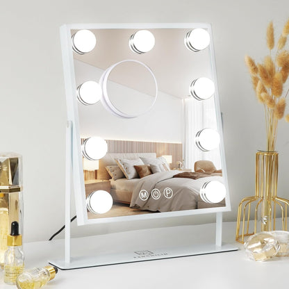 FENCHILIN White Hollywood Vanity Mirror with Lights 9 Dimmable Bulbs Wireless Charger Bluetooth Speaker Makeup Mirror with Smart Touch Control for Glam Room Bedroom Detachable 10X Magnification…