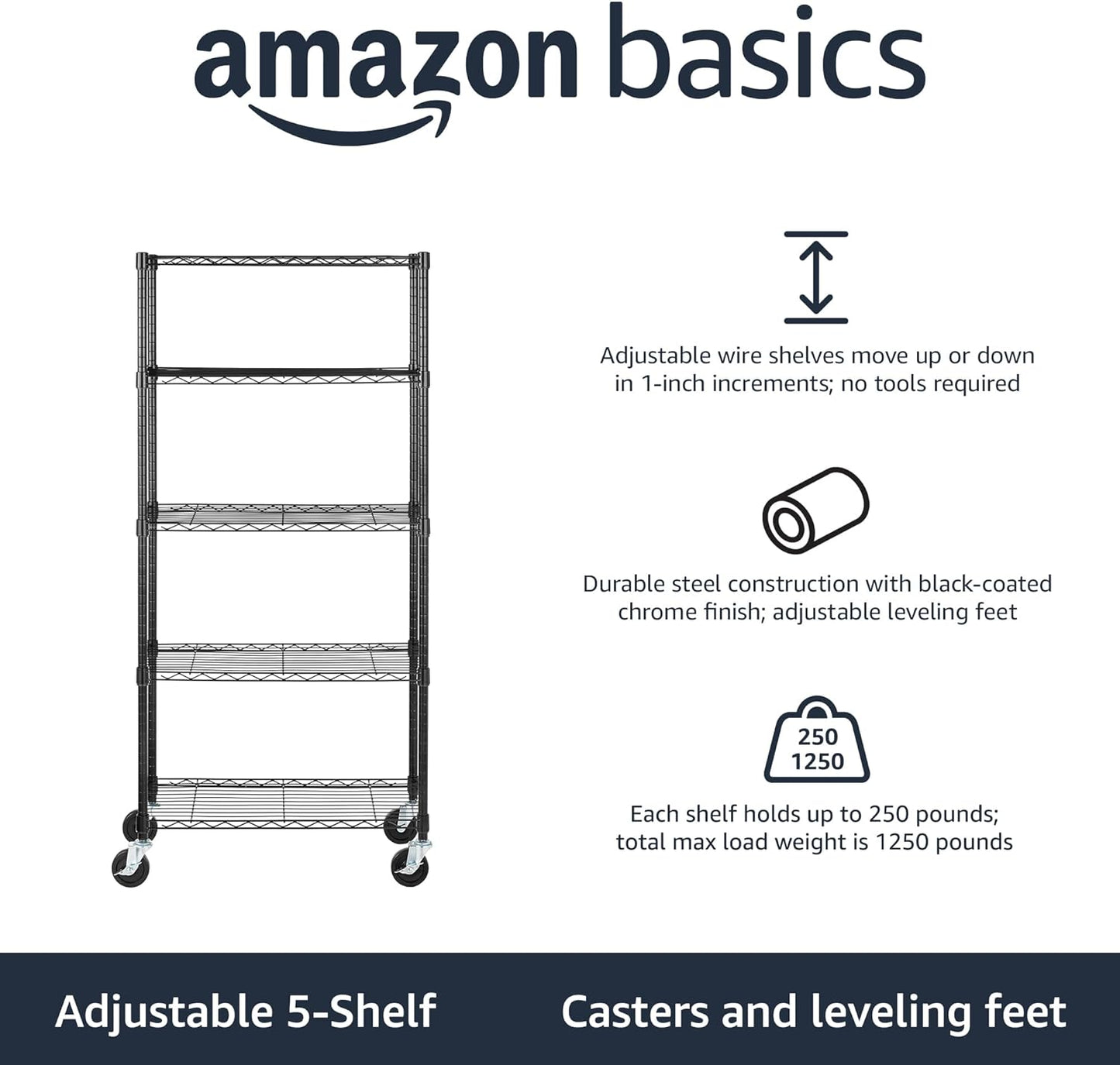 Amazon Basics 5-Shelf Adjustable, Heavy Duty Storage Shelving Unit (158.5 kgs loading capacity per shelf), Steel Organizer Wire Rack, Black (91.4 x 35.5 x 182.8 cm)