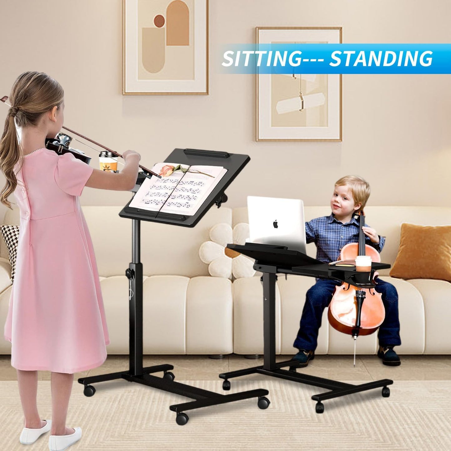 Height Adjustable Rolling Laptop Stand, Overbed Table with 2 Tilting Desktops, Mobile Laptop Table for Couch with Cup Holder, Mobile Computer Workstation for Office, Home and Hospital