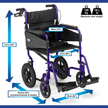 Days Escape Lite Wheelchair, Attendant Propelled Lightweight Aluminium with Folding Frame, Mobility Aid, Comfy and Sturdy, Portable Transit Travel Chair, Removable Footrests, Wide Ruby Red