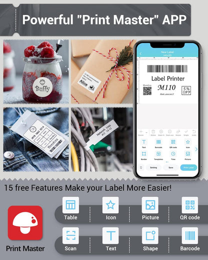 Phomemo Label Maker Machine - Phomemo M110 Portable Bluetooth Thermal Label Printer. Sticker Maker, Barcode Printer for Clothing, Jewelry, Retail, Mailing,support Arabic and English,For iOS & Android