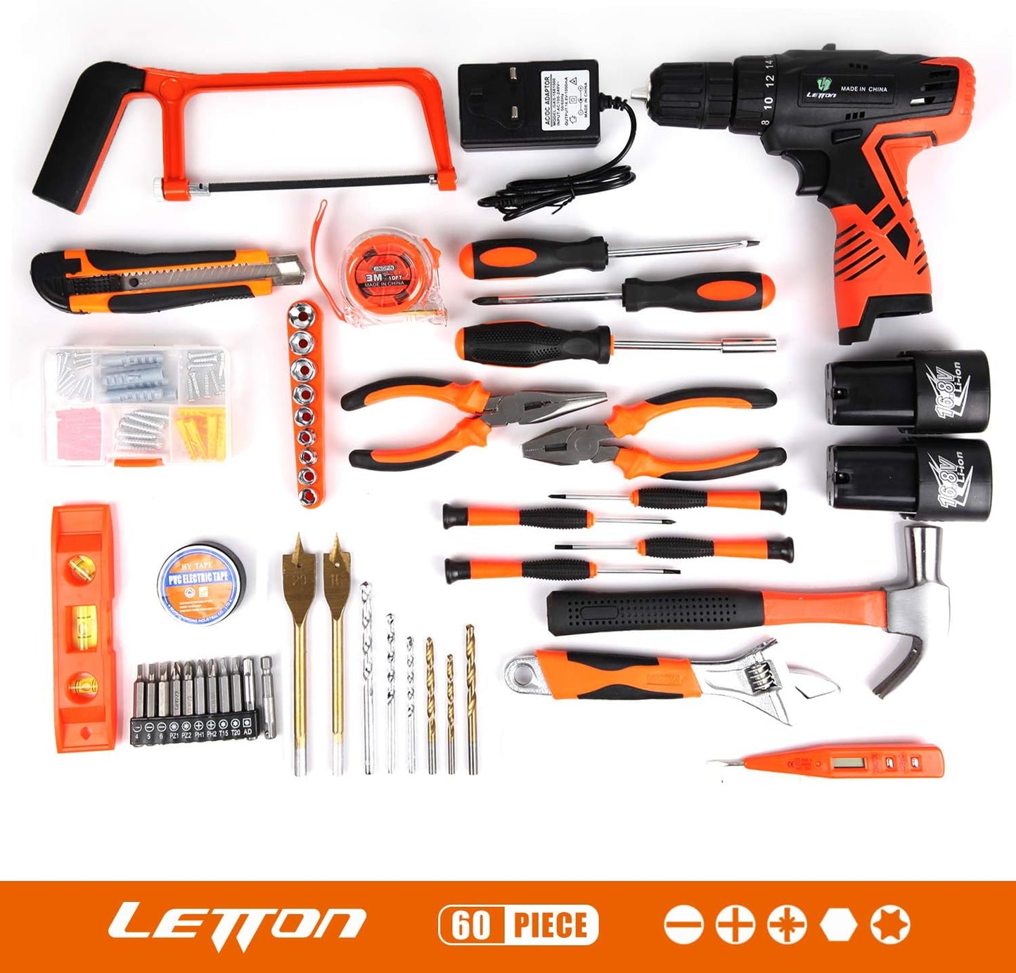 LETTON Tool Kit with Cordless Drill, 60 Pieces Household Repair Box DIY Combo Kit with 2 Li-ion Batteries, 16.8V Power Tool, Variable Speed, DIY Accessories Tool Kit