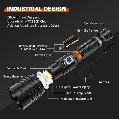 Shadowhawk Flashlight Rechargeable Torch Light, 20000 Lumens Flash Light Led flashlights Tactical, XHM77.2 Led Torch Light High Power, USB Handheld Powerful Torches for Camping Hiking Emergency