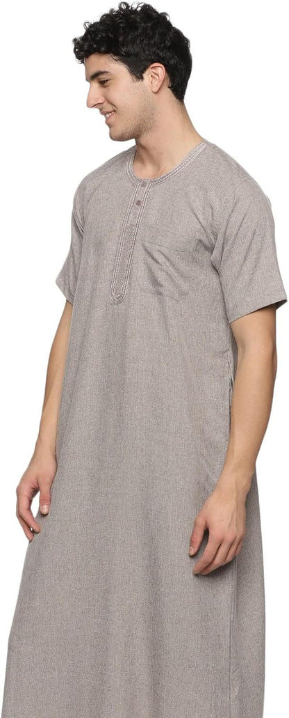 Men's Round Neck Short Sleeves Jalabiya | Breathable Kaftan Style Thobe for Comfort & Elegance