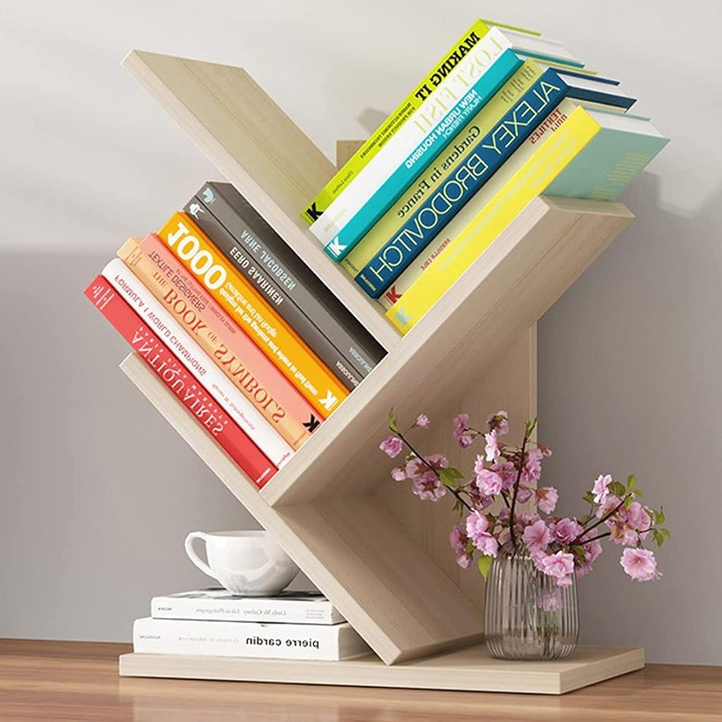 U-HOOME 8-Shelf Bookshelf Tree Bookcase Wood Bookshelves Storage Rack MDF Tree Book Shelf Display Organizer for Books,Magazines,CDs and Photo Album Holds Up to 5kgs Per Shelf ，White