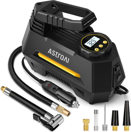 AstroAI Tyre Inflator Air Compressor 12V, Portable Electric Car Tyre Pump with Tyre Pressure Gauge, Auto-Stop Car Air Pump with Valve Adaptors and LED Light, Car Accessories, Yellow