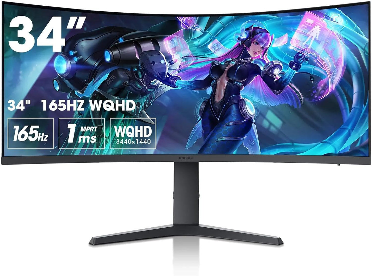 KOORUI 21:9 WQHD 3440 * 1440 4K （HDR 400）34 Inch 1800R Curved Gaming Monitor, 165Hz MPRT 1MS (AMD FreeSync Premium Nvidia G-SYNC) Hdmi DP 90% DCI-P3 OSD Roker Computer Gamer Monitors