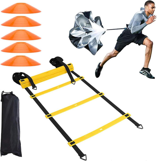 Speed Agility Training Kit—Includes Agility Ladder with Carrying Bag, 5 Disc Cones, Resistance Parachute.Use Equipment to Improve Footwork Any Sport.